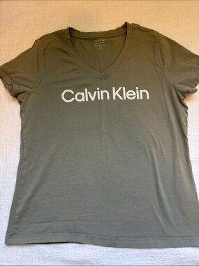 Calvin Klein Olive Green V-Neck Logo Tee